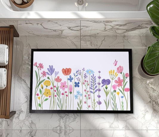 Whimsical Wildflower Bath Mat, Colorful Floral Bathroom Decor, Boho Botanical Shower Mat