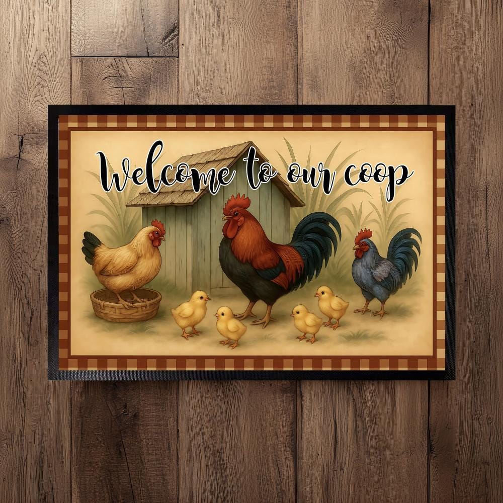 Welcome to Our Coop Doormat, Chicken Family Indoor-Outdoor Mat, Rustic Farmhouse Floor Mat