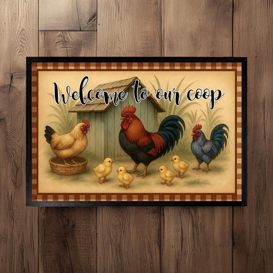 Welcome to Our Coop Doormat, Chicken Family Indoor-Outdoor Mat, Rustic Farmhouse Floor Mat