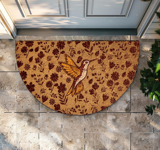 Hummingbird Floral Doormat, Natural Coir Welcome Mat, Semi Circle Outdoor Rug