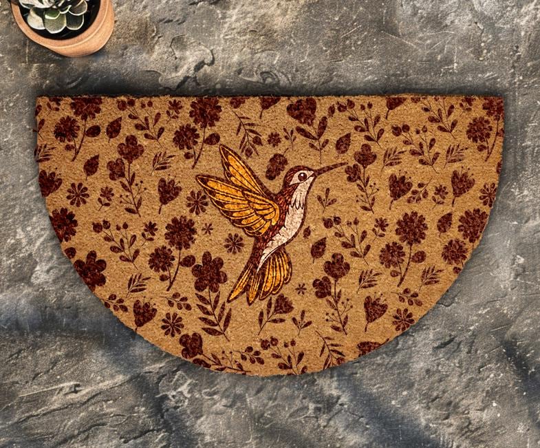 Hummingbird Floral Doormat, Natural Coir Welcome Mat, Semi Circle Outdoor Rug