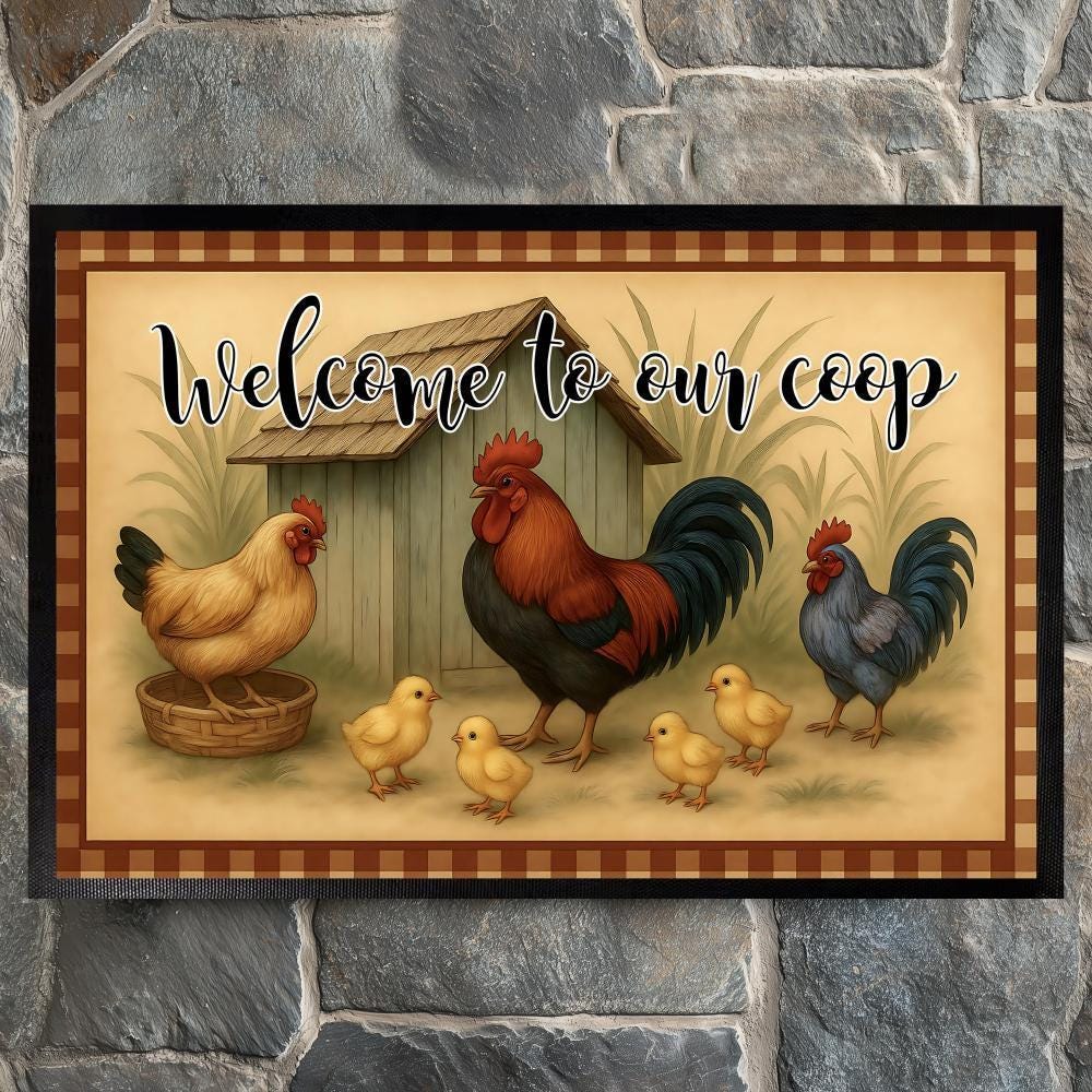 Welcome to Our Coop Doormat, Chicken Family Indoor-Outdoor Mat, Rustic Farmhouse Floor Mat