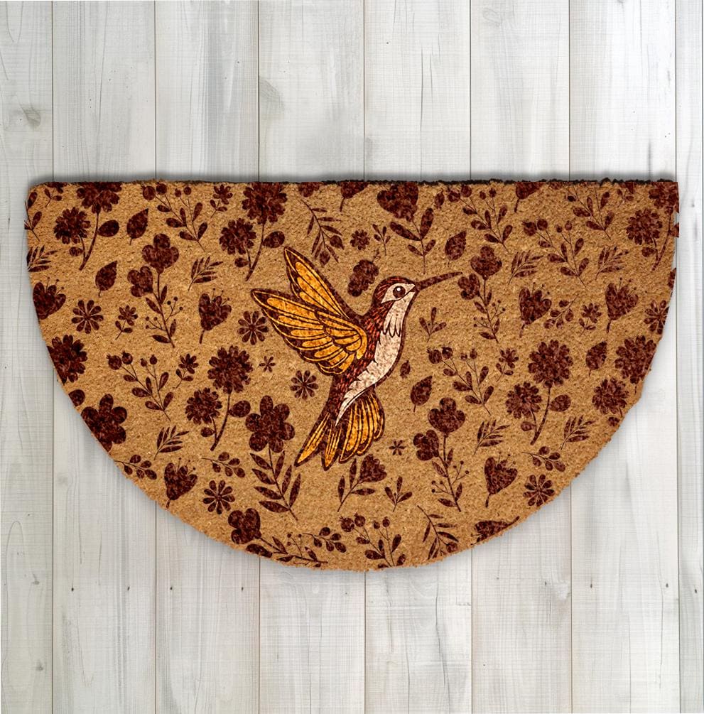 Hummingbird Floral Doormat, Natural Coir Welcome Mat, Semi Circle Outdoor Rug