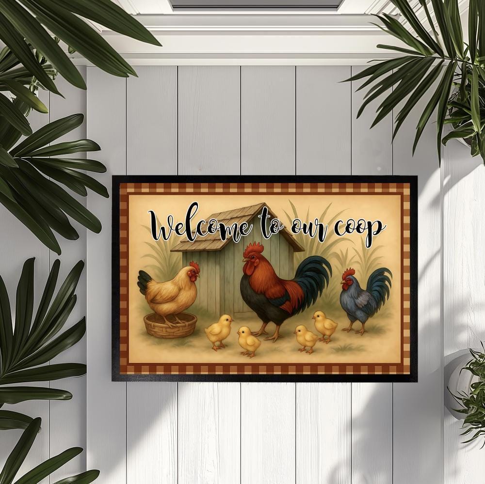 Welcome to Our Coop Doormat, Chicken Family Indoor-Outdoor Mat, Rustic Farmhouse Floor Mat