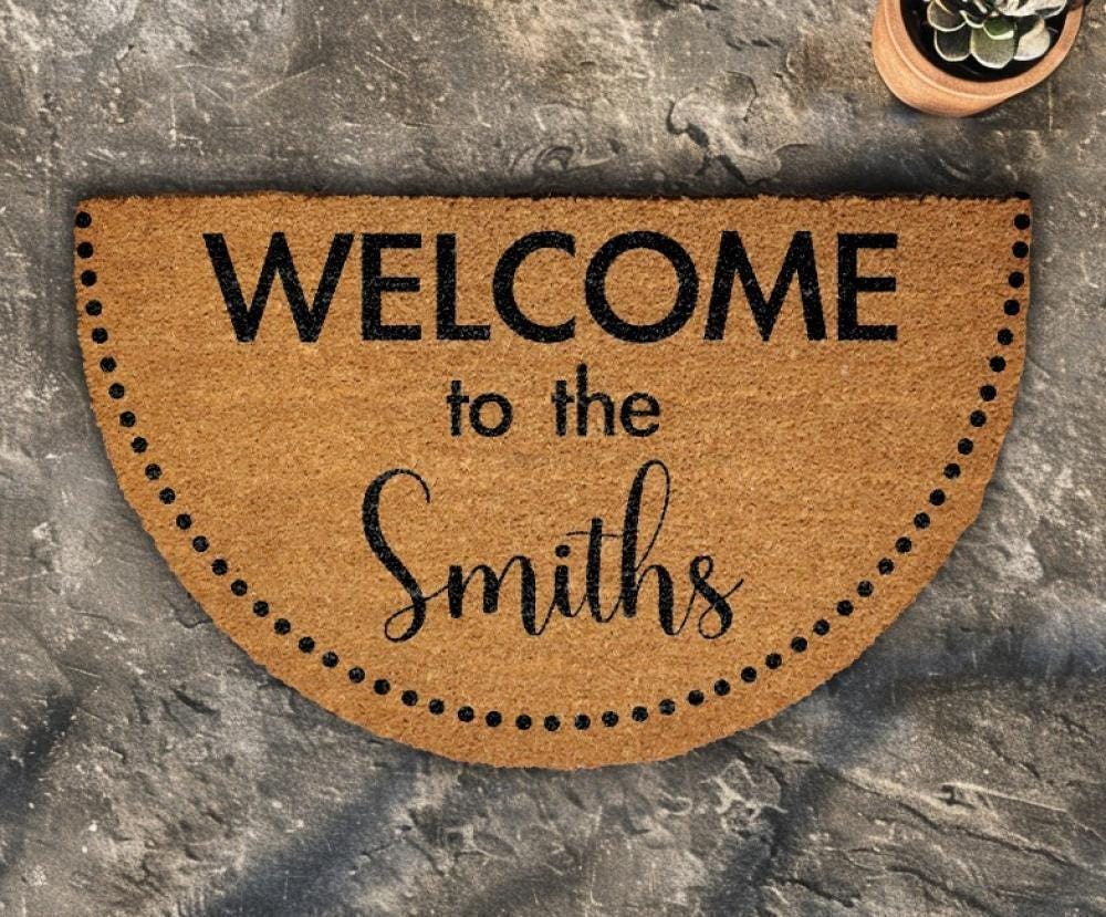 Custom Last Name Welcome Mat, Personalized Family Name Doormat, Semi Circle New Home Decor
