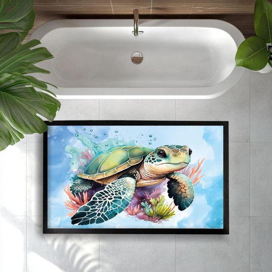 Sea Turtle Welcome Mat, Underwater Ocean Doormat, Beach House Bath Mat, Vibrant Ocean Art Rug