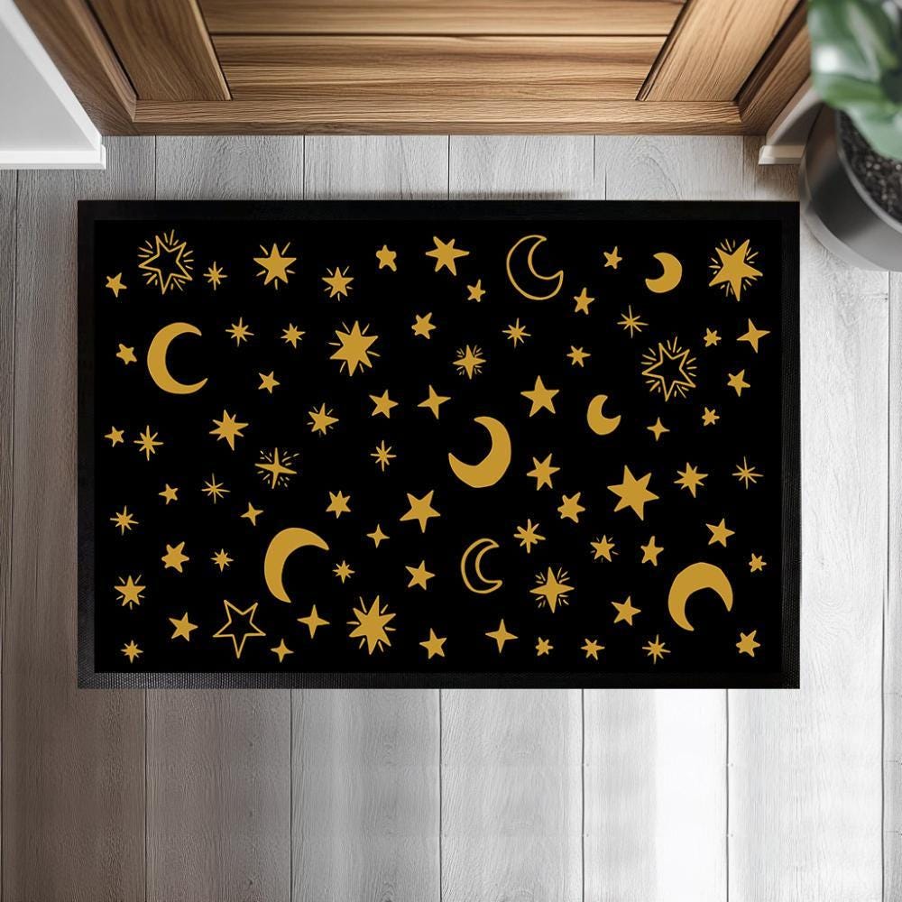 Moon and Star Pattern Doormat, Orange Galaxy Space Welcome Mat, Astrology Front Porch Decor