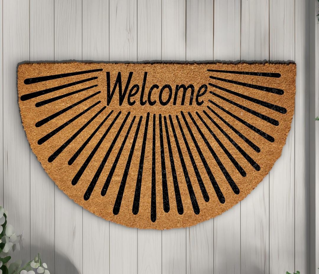 Semi Circle Welcome Doormat, Natural Coir Fiber Entryway Rug, Sunburst Design Home Decor