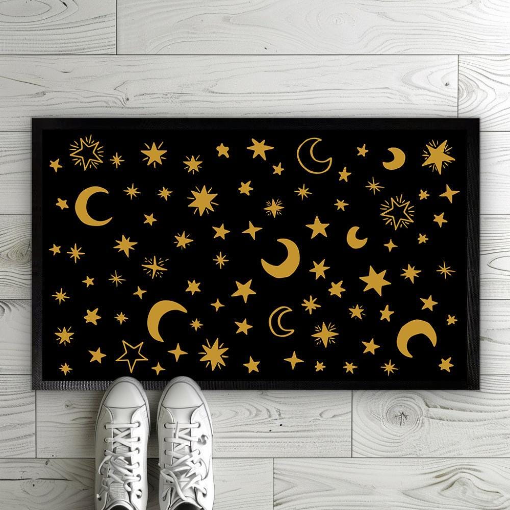 Moon and Star Pattern Doormat, Orange Galaxy Space Welcome Mat, Astrology Front Porch Decor