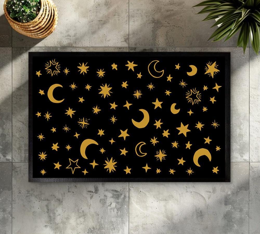 Moon and Star Pattern Doormat, Orange Galaxy Space Welcome Mat, Astrology Front Porch Decor