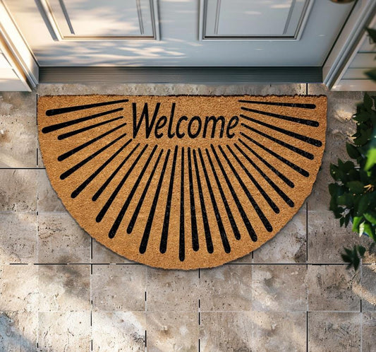 Semi Circle Welcome Doormat, Natural Coir Fiber Entryway Rug, Sunburst Design Home Decor