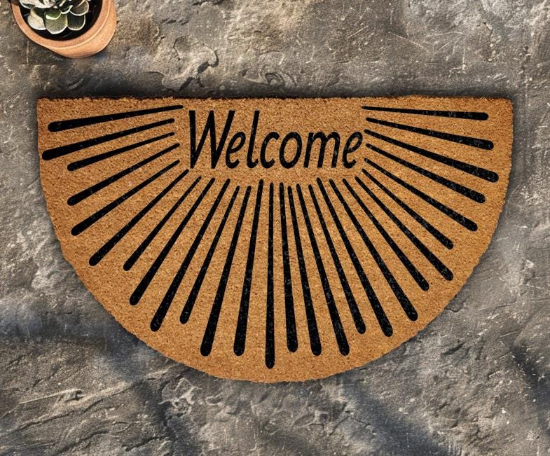 Semi Circle Welcome Doormat, Natural Coir Fiber Entryway Rug, Sunburst Design Home Decor