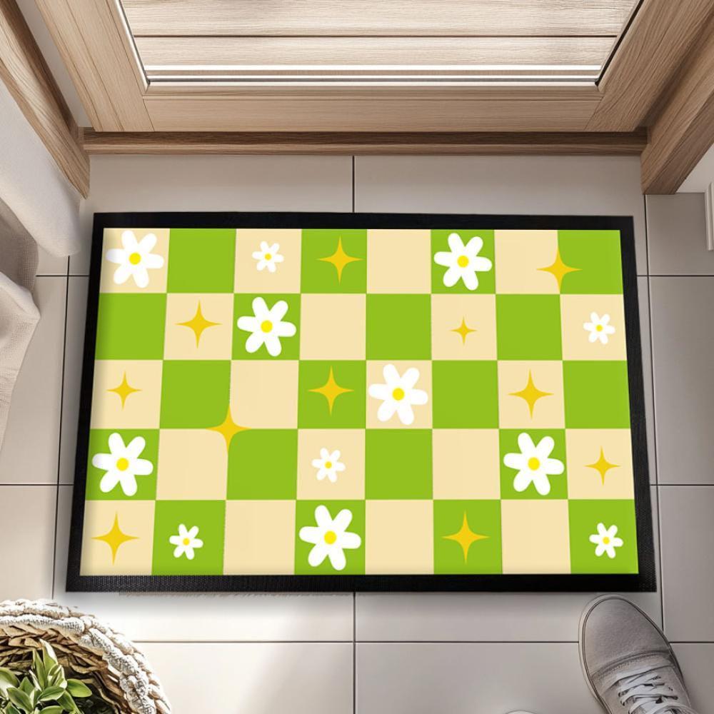 Groovy Flower Bath Mat, Retro Checkerboard Door Mat, 70s Style Floral Doormat