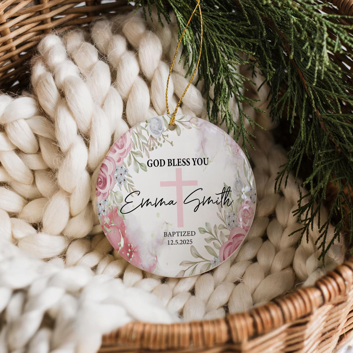 Customizable Baptism Ceramic Ornament, Floral God Bless Christening Keepsake