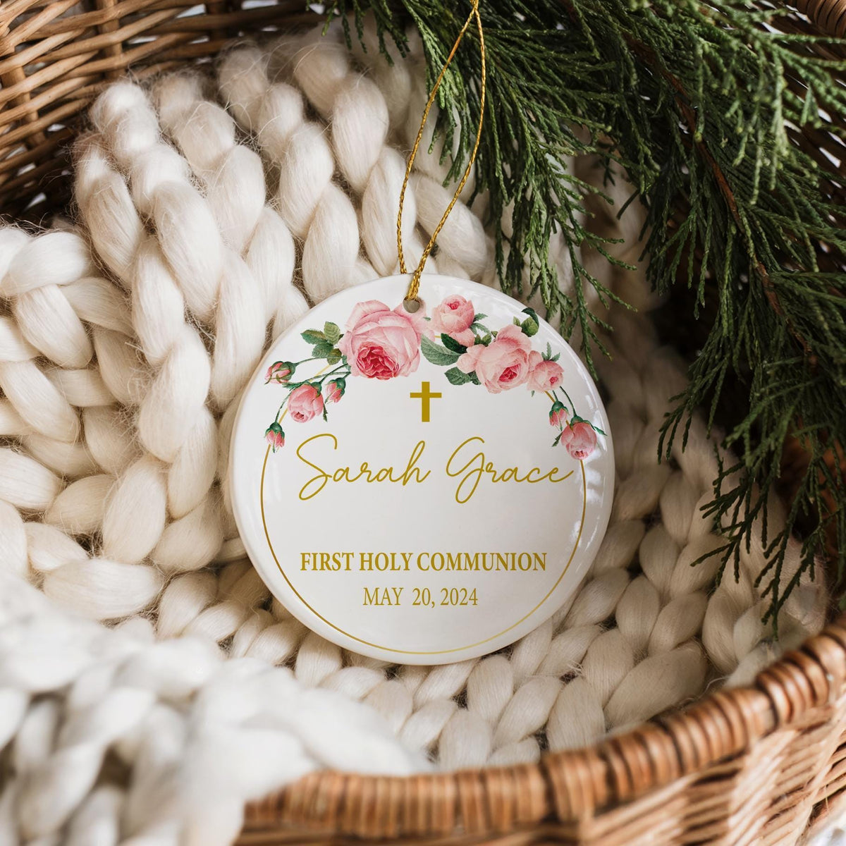 Personalized First Holy Communion Ornament, Cute Pink Floral Baby Girl Baptism Gift