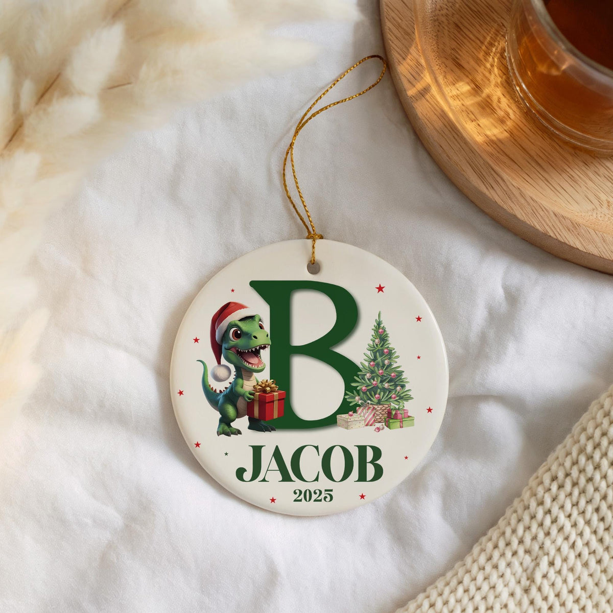 Custom Name And Initial Christmas Ornament, Santa Dinosaur Design Xmas Ceramic Keepsake