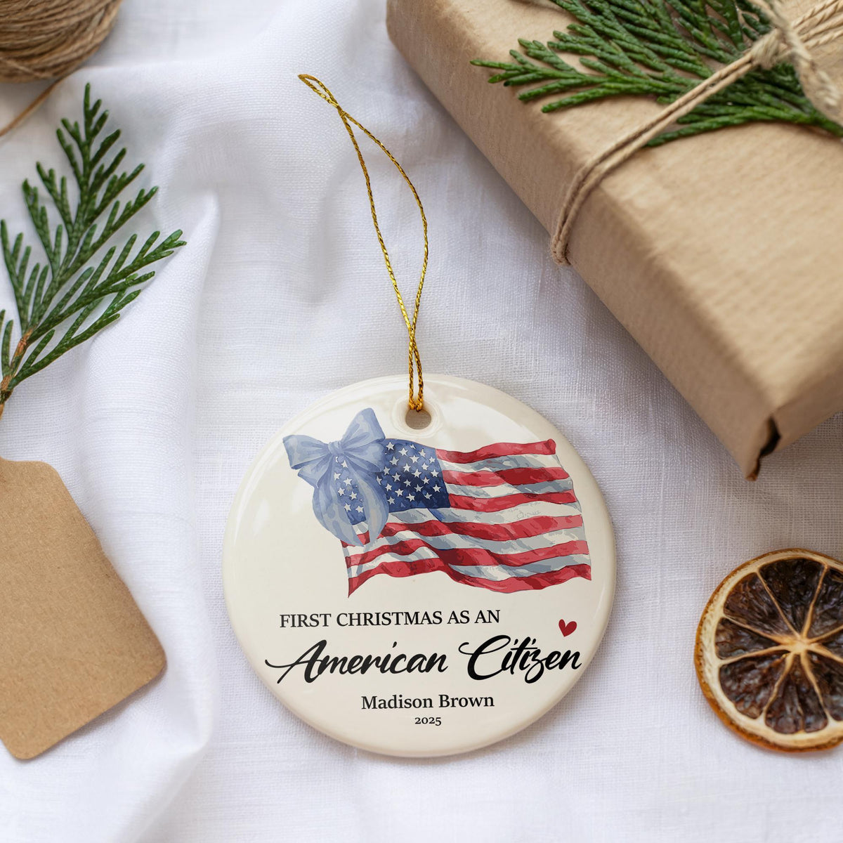 Personalized First Christmas As An American Citizen Ornament, USA Flag Design Ceramic Keepsake