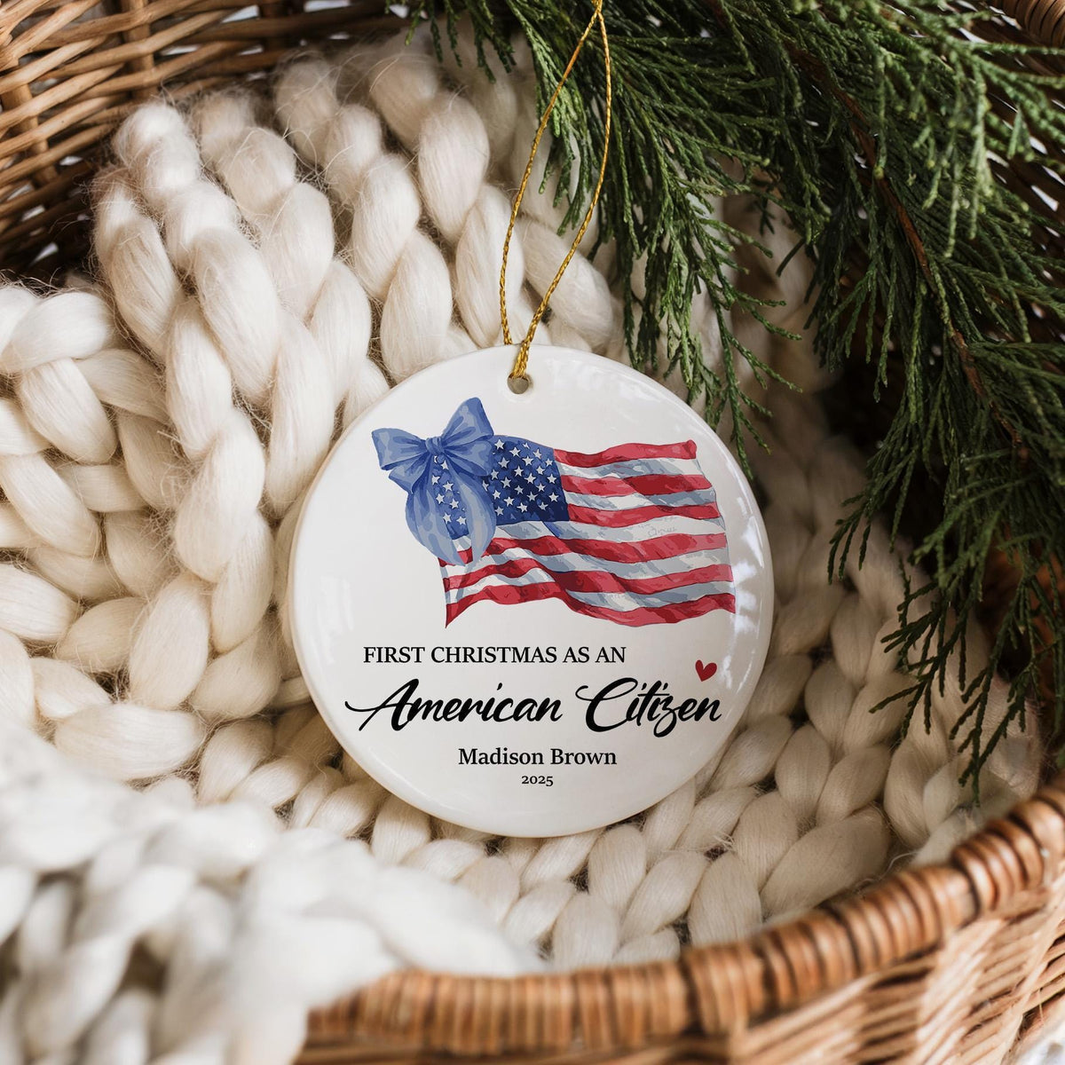 Personalized First Christmas As An American Citizen Ornament, USA Flag Design Ceramic Keepsake