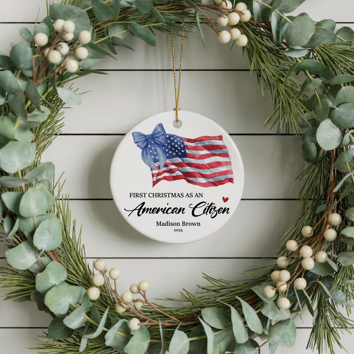 Personalized First Christmas As An American Citizen Ornament, USA Flag Design Ceramic Keepsake