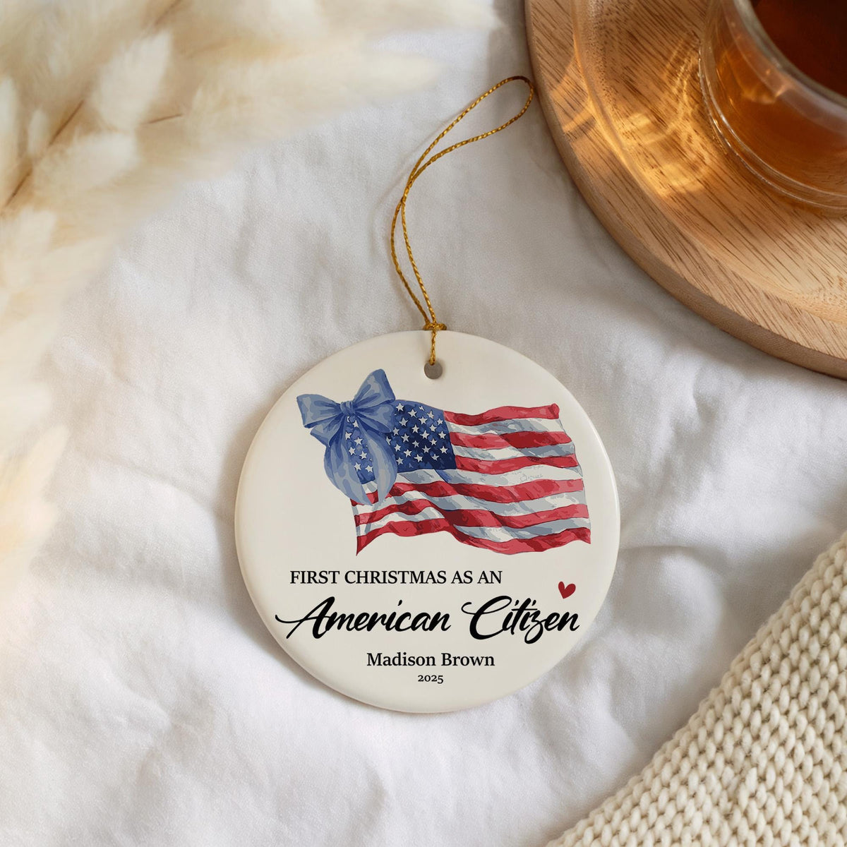 Personalized First Christmas As An American Citizen Ornament, USA Flag Design Ceramic Keepsake