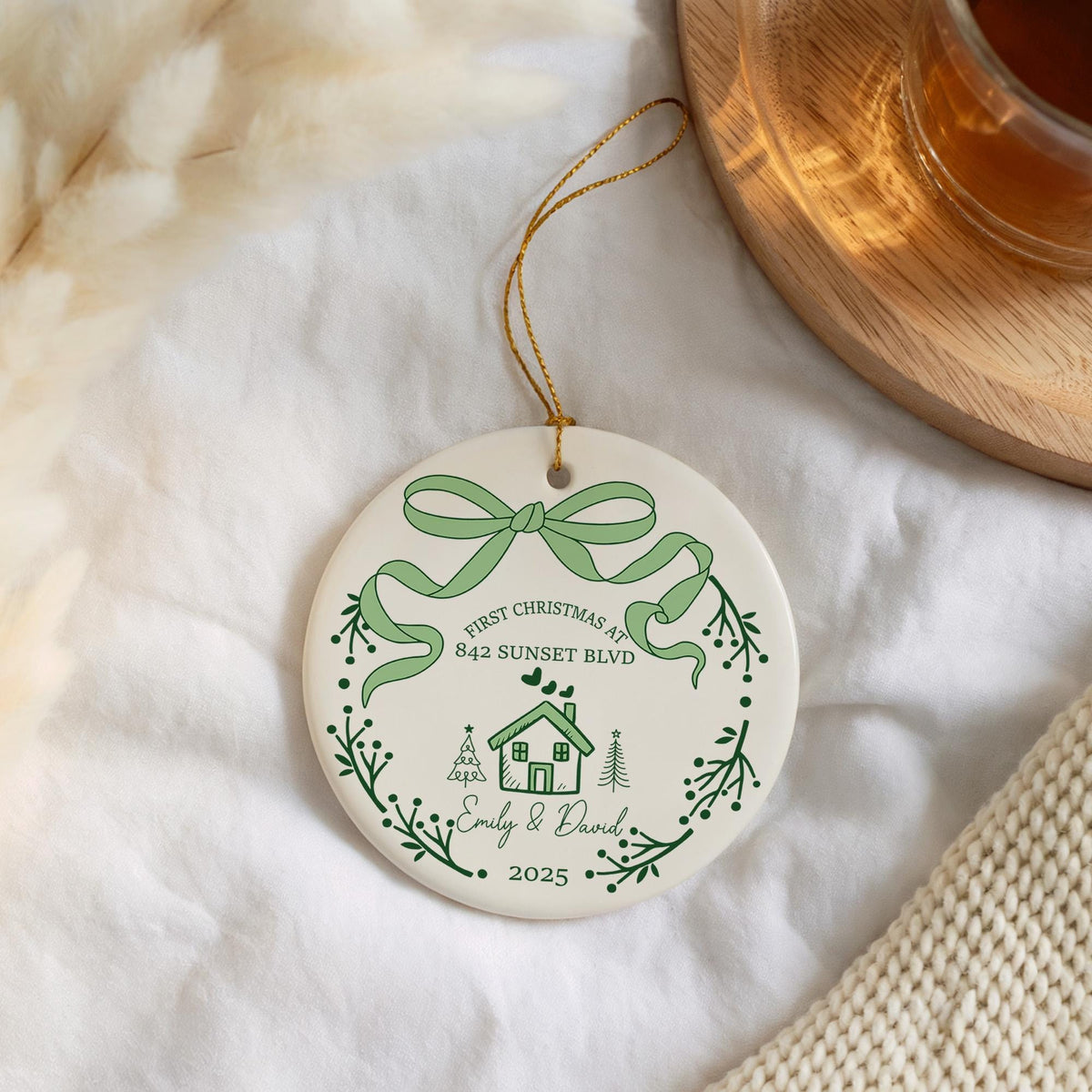 Customizable First Christmas At New Home Ornament, Cute House Warming Gift Ceramic Keepsake