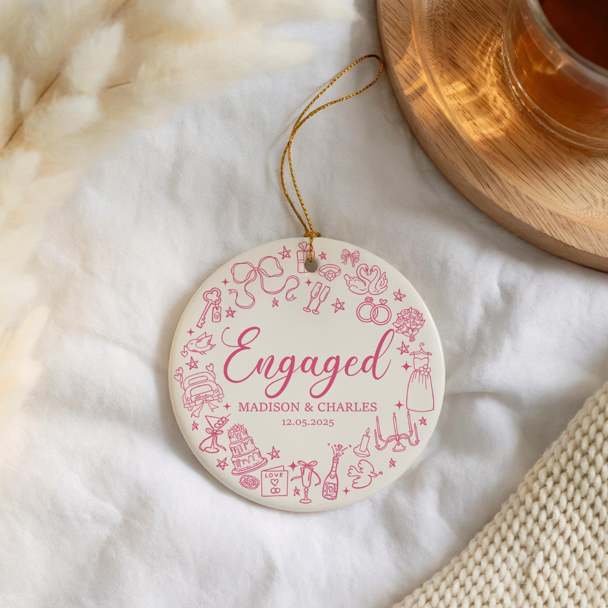Personalized Aesthetic Engaged Ceramic Ornament, Engagement Ceremony Souvenir