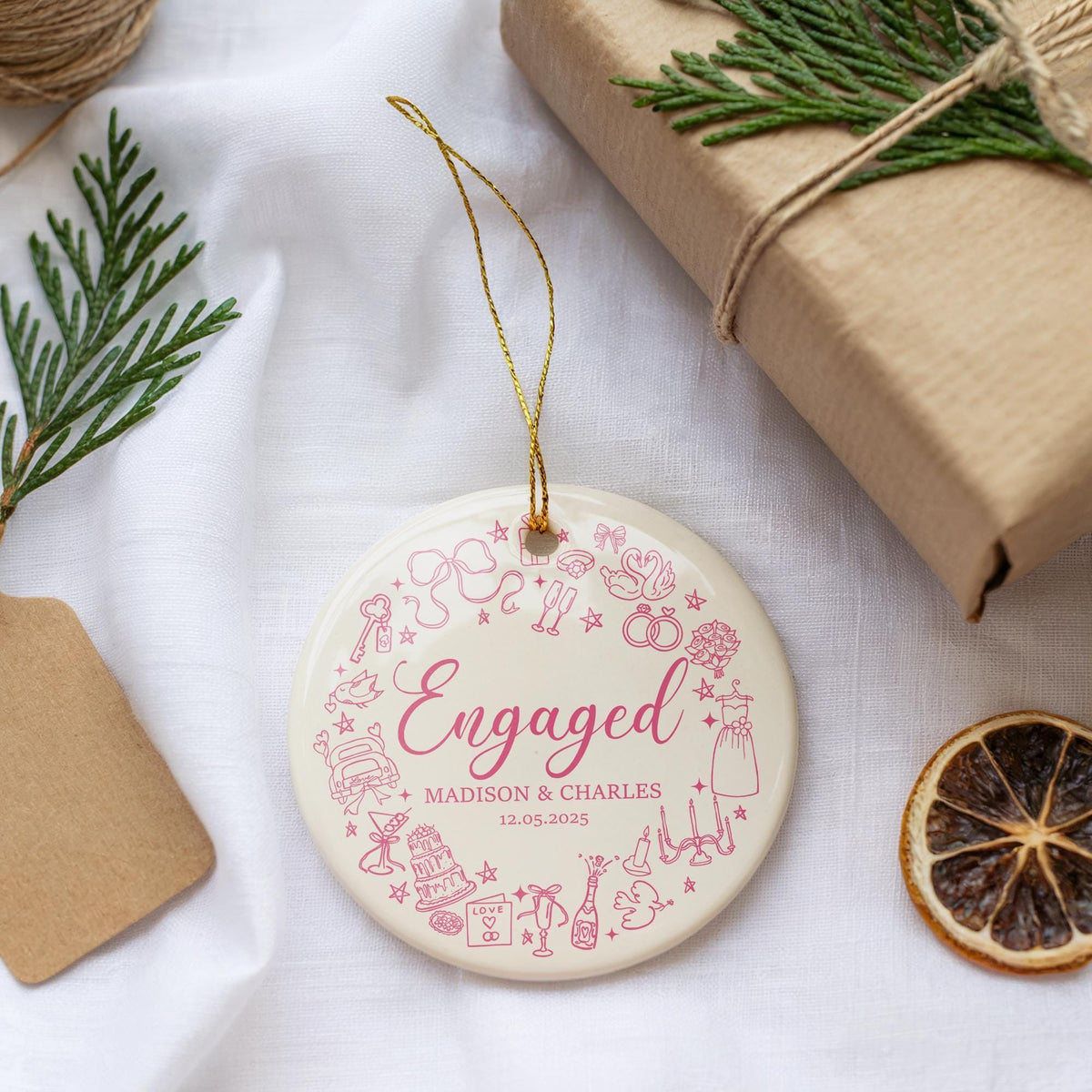 Personalized Aesthetic Engaged Ceramic Ornament, Engagement Ceremony Souvenir