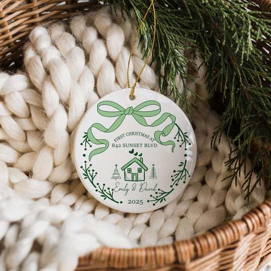 Customizable First Christmas At New Home Ornament, Cute House Warming Gift Ceramic Keepsake