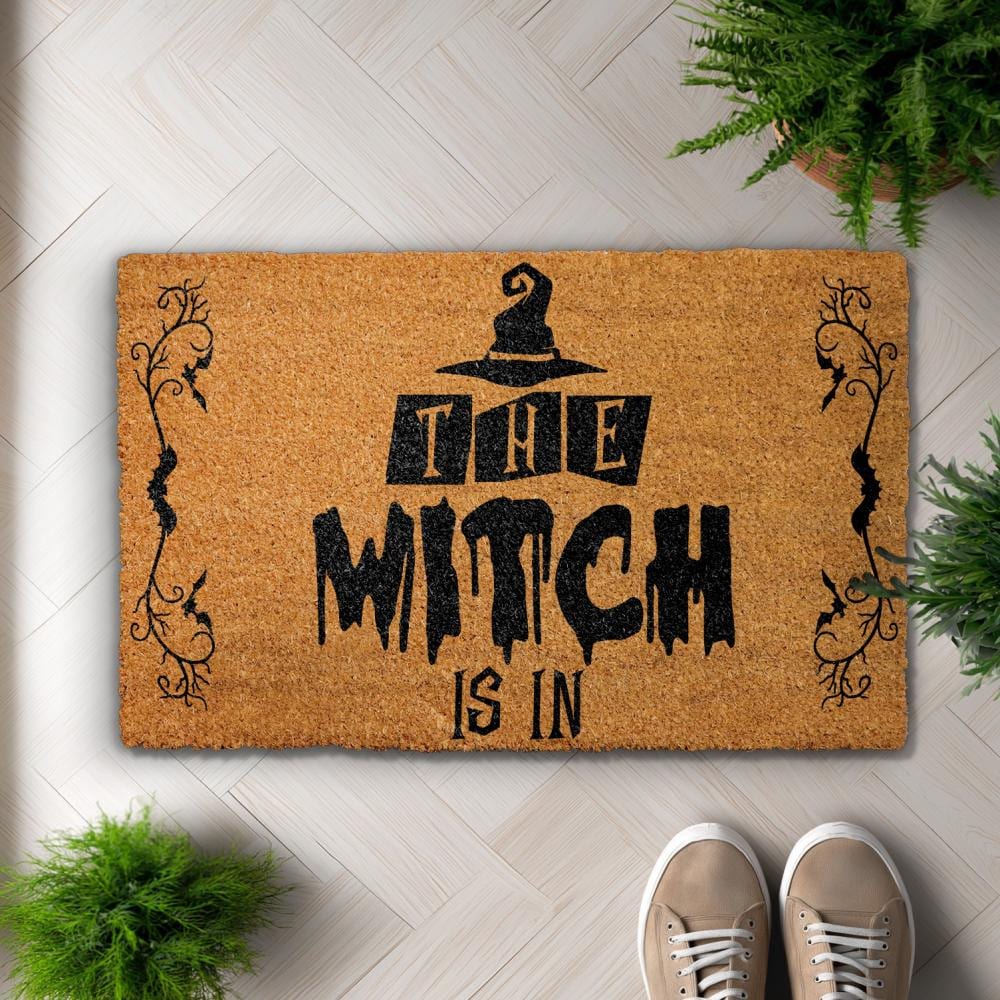 The Witch Is In Doormat, Funny Halloween Welcome Mat, Witch Hat Home Entrance Rug