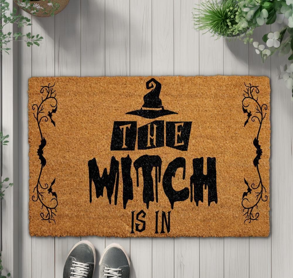 The Witch Is In Doormat, Funny Halloween Welcome Mat, Witch Hat Home Entrance Rug