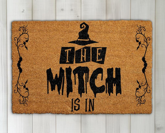 The Witch Is In Doormat, Funny Halloween Welcome Mat, Witch Hat Home Entrance Rug
