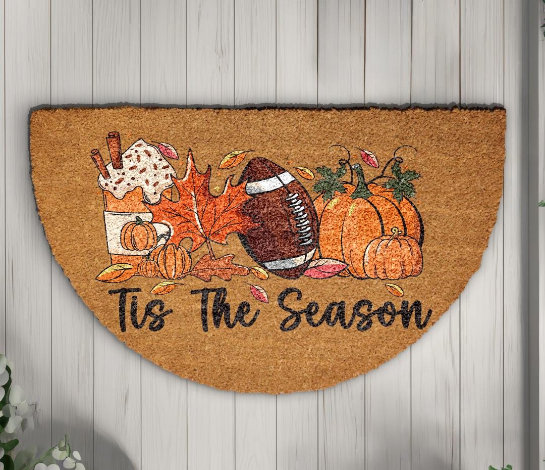 Pumpkin Spice Latte & Football Welcome Mat, Autumn Season Doormat, Thanksgiving Home Decor