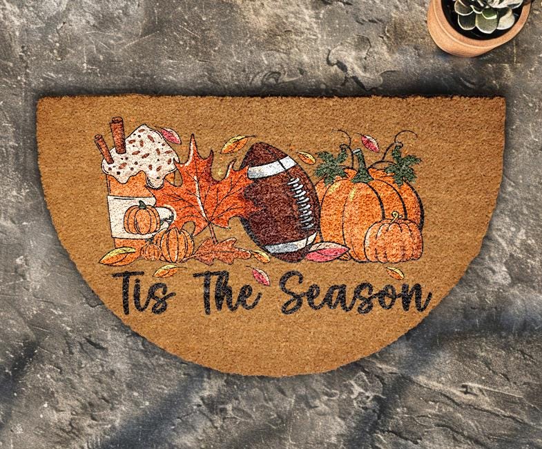 Pumpkin Spice Latte & Football Welcome Mat, Autumn Season Doormat, Thanksgiving Home Decor