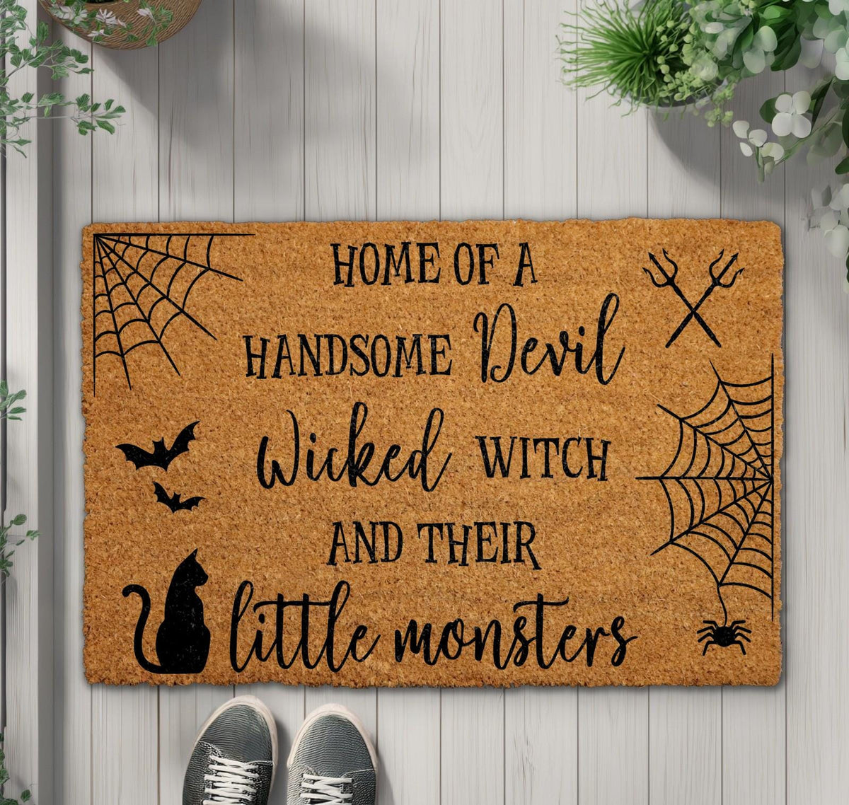 Home of a Handsome Devil Wicked Witch And Little Monsters Doormat, Funny Halloween Welcome Mat