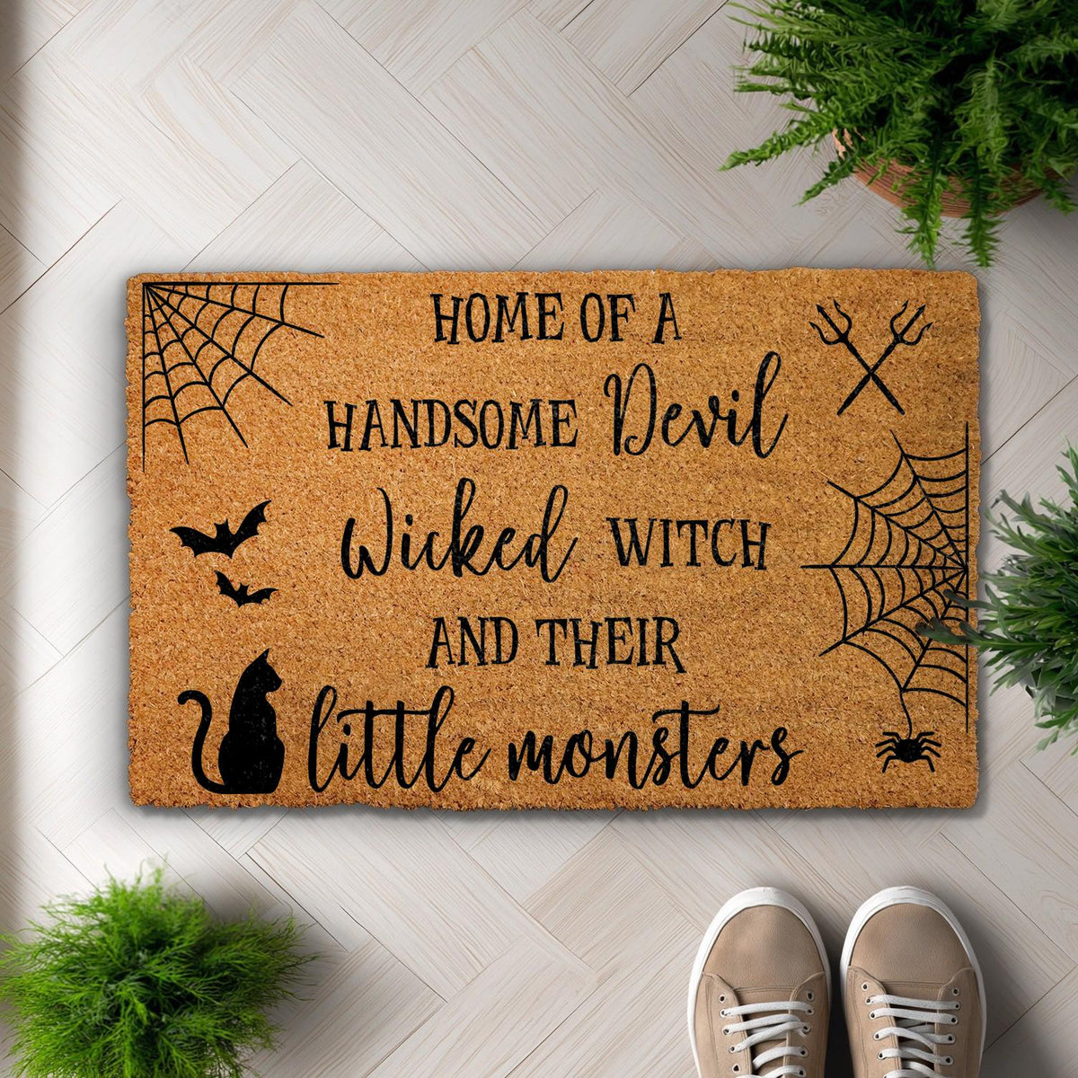Home of a Handsome Devil Wicked Witch And Little Monsters Doormat, Funny Halloween Welcome Mat