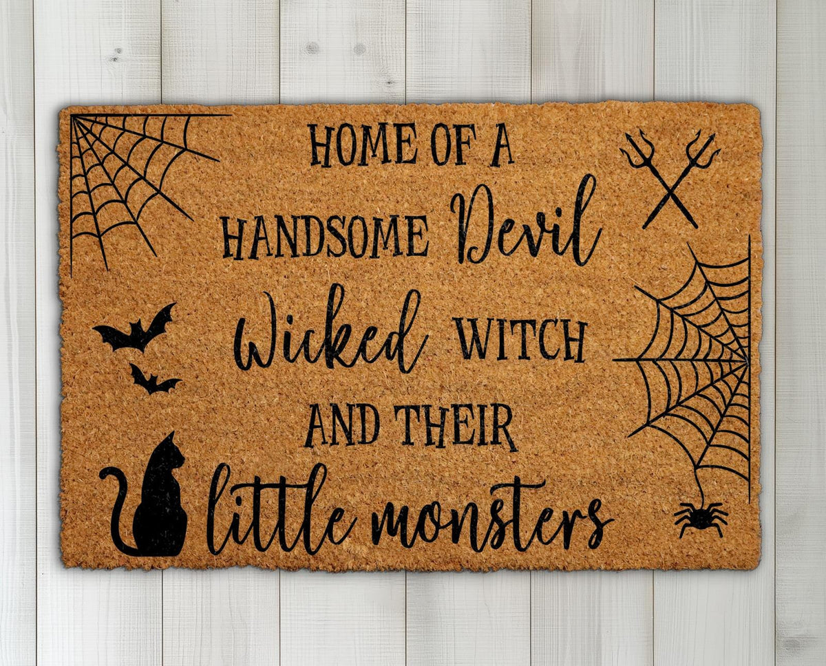 Home of a Handsome Devil Wicked Witch And Little Monsters Doormat, Funny Halloween Welcome Mat