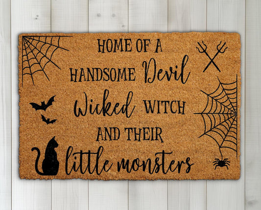 Home of a Handsome Devil Wicked Witch And Little Monsters Doormat, Funny Halloween Welcome Mat