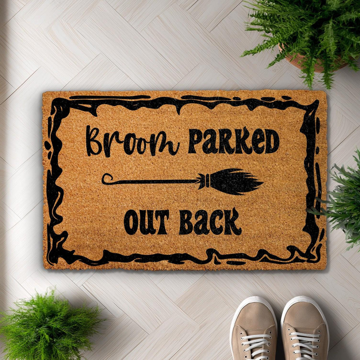Broom Parked Out Back Doormat, Funny Witch Welcome Mat, Halloween Front Porch Decor