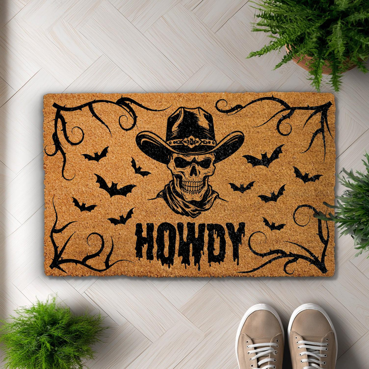 Howdy Skull Cowboy Doormat, Western Halloween Welcome Mat, Gothic Cowboy Front Porch Rug