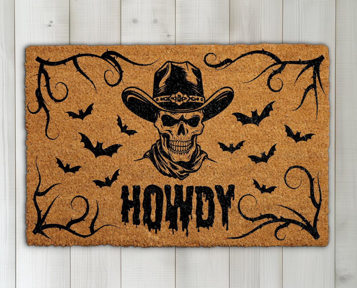 Howdy Skull Cowboy Doormat, Western Halloween Welcome Mat, Gothic Cowboy Front Porch Rug