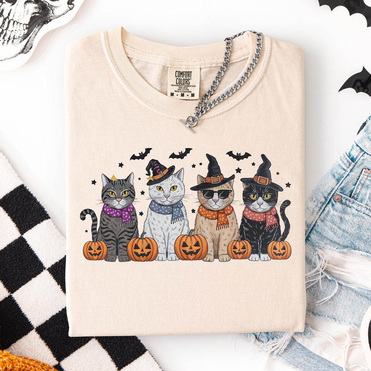 Cool Witch Cats Design Halloween Comfort Colors® T-Shirt, Spooky Season Pumpkins And Cats Theme Shirt, Pumpkin Season Witchy Crewneck Tee