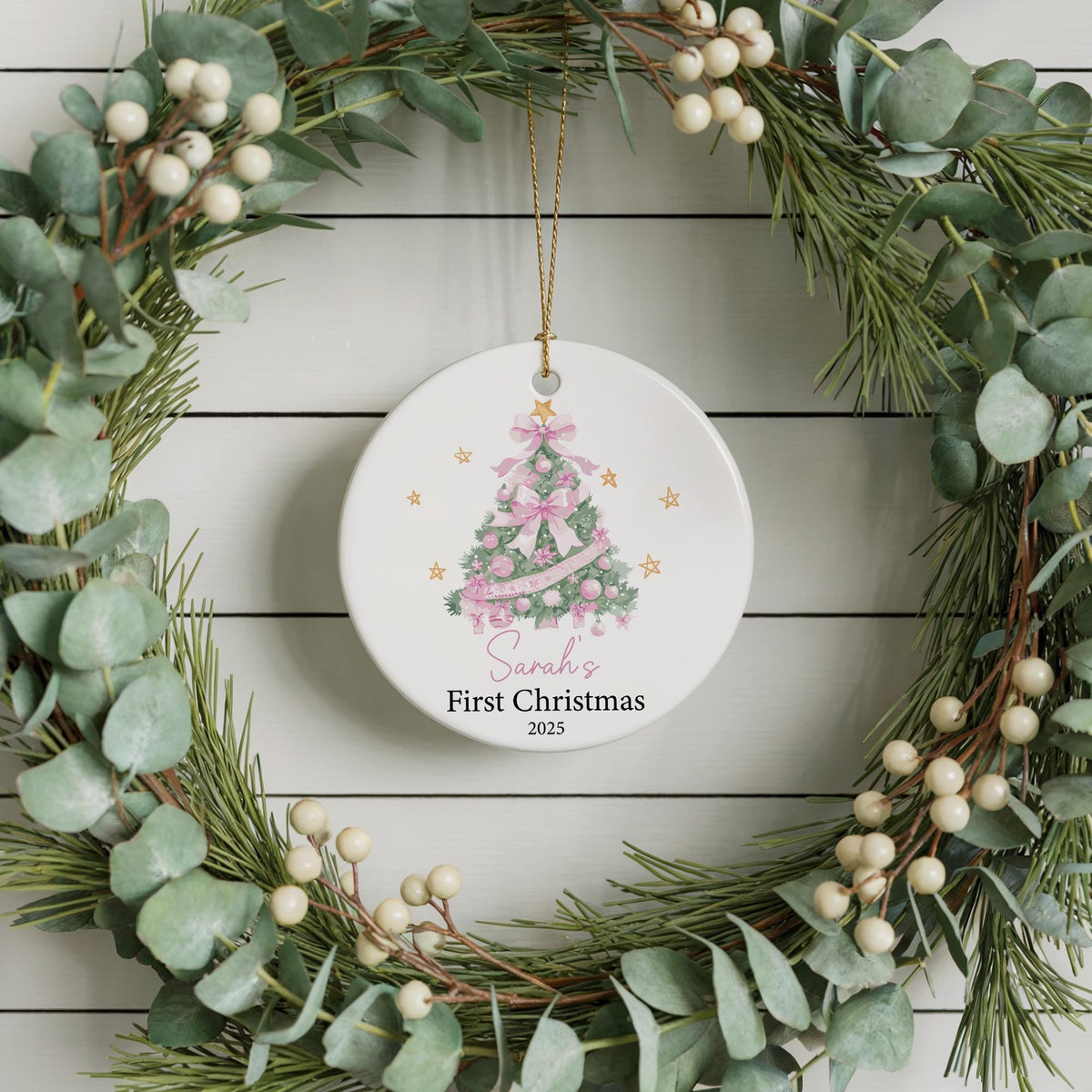 Personalized Baby's First Christmas Ornament, Pink Christmas Tree Ceramic Keepsake