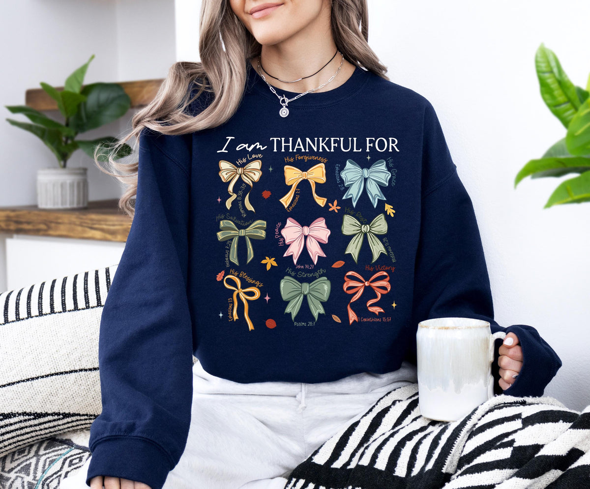 Coquette Bow I am Thankful for Sweatshirt, Thanksgiving Religious Women Hoodie, Bible Verse Thankful Sweat, Christian Thanksgiving Sweater
