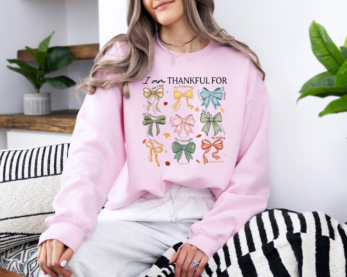 Coquette Bow I am Thankful for Sweatshirt, Thanksgiving Religious Women Hoodie, Bible Verse Thankful Sweat, Christian Thanksgiving Sweater