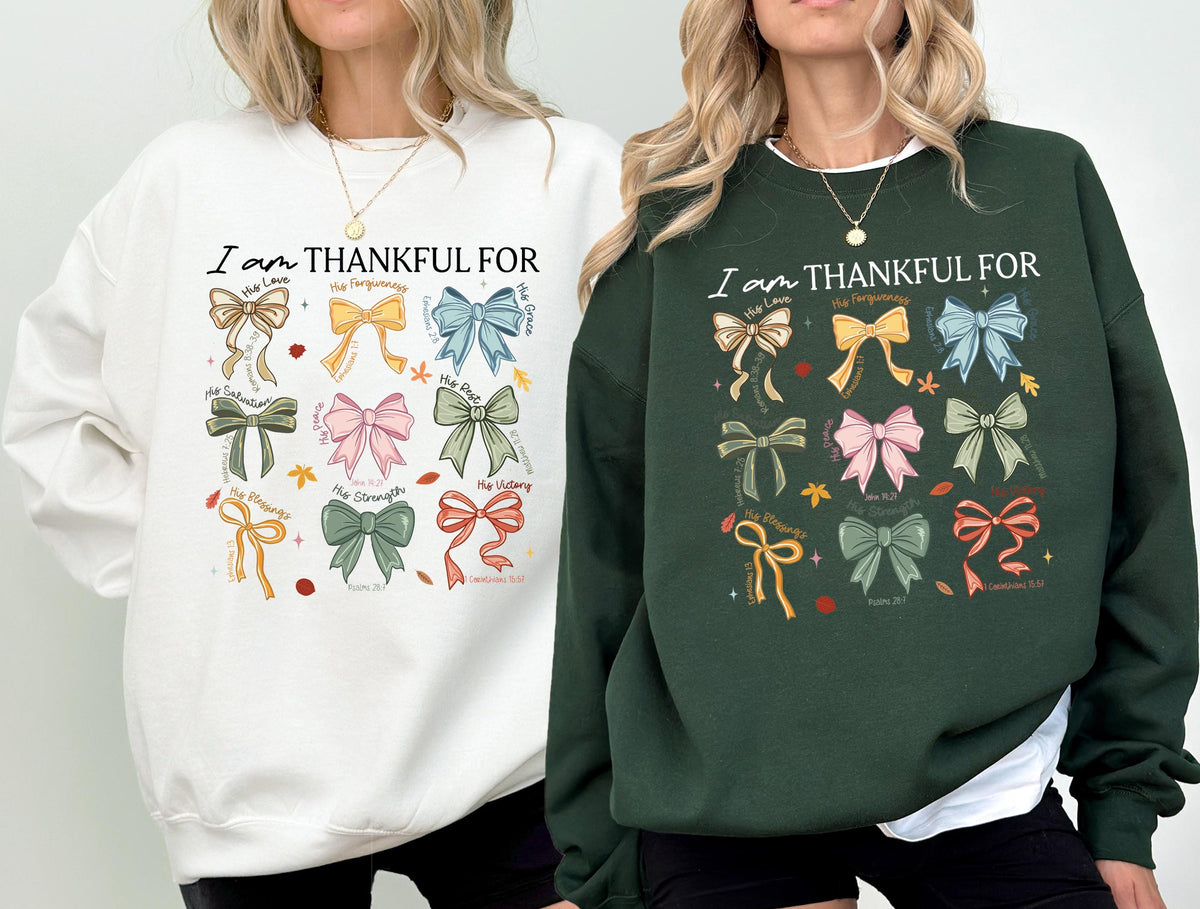 Coquette Bow I am Thankful for Sweatshirt, Thanksgiving Religious Women Hoodie, Bible Verse Thankful Sweat, Christian Thanksgiving Sweater