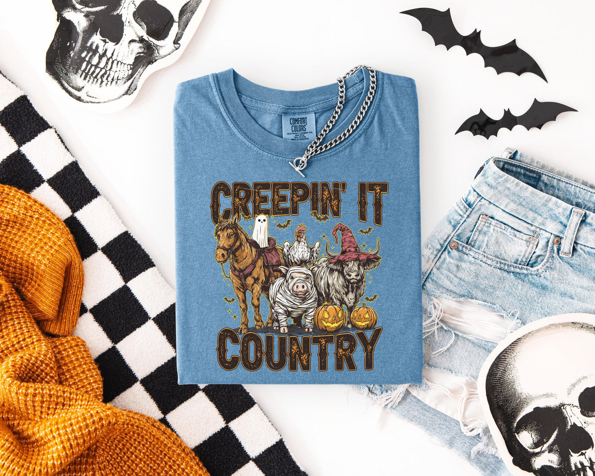 Creepin' it Country Halloween Comfort Colors® Shirt, Boo Crew T-shirt, Spooky Western Tee, Spooky Vibes Gift, Boys Trip Halloween Crewneck