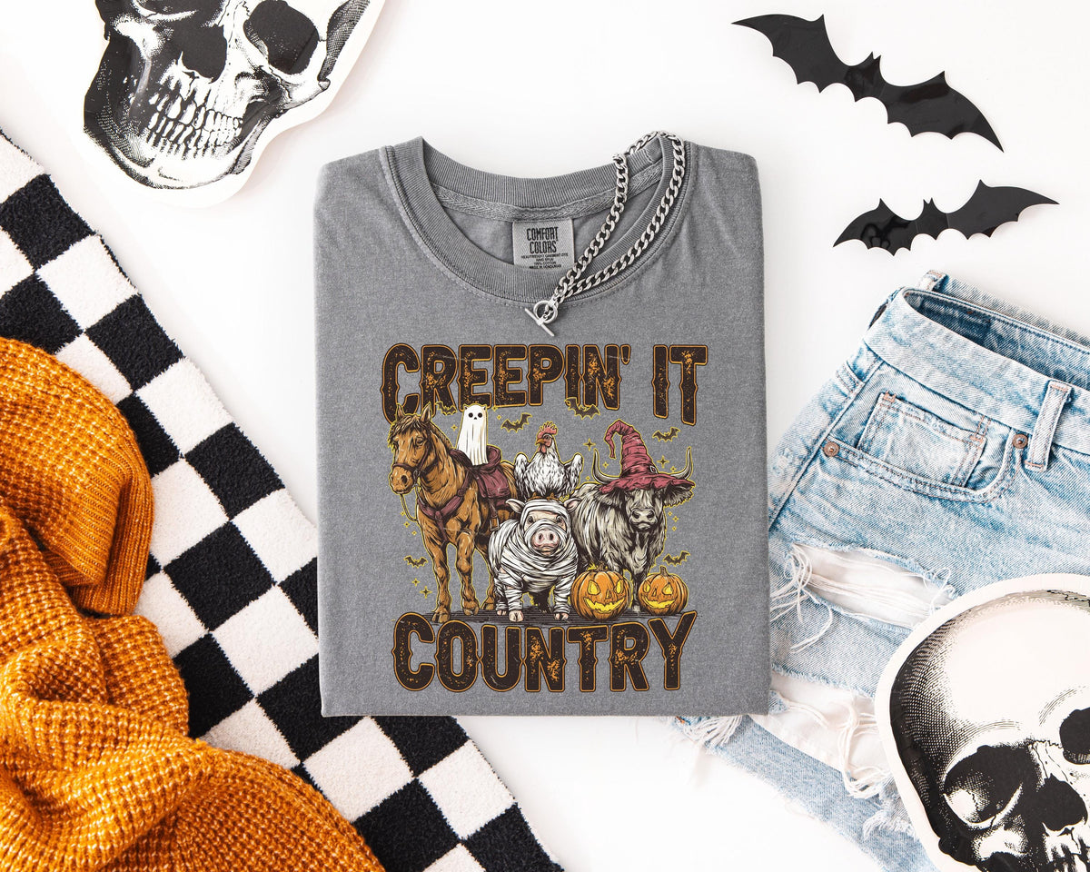 Creepin' it Country Halloween Comfort Colors® Shirt, Boo Crew T-shirt, Spooky Western Tee, Spooky Vibes Gift, Boys Trip Halloween Crewneck