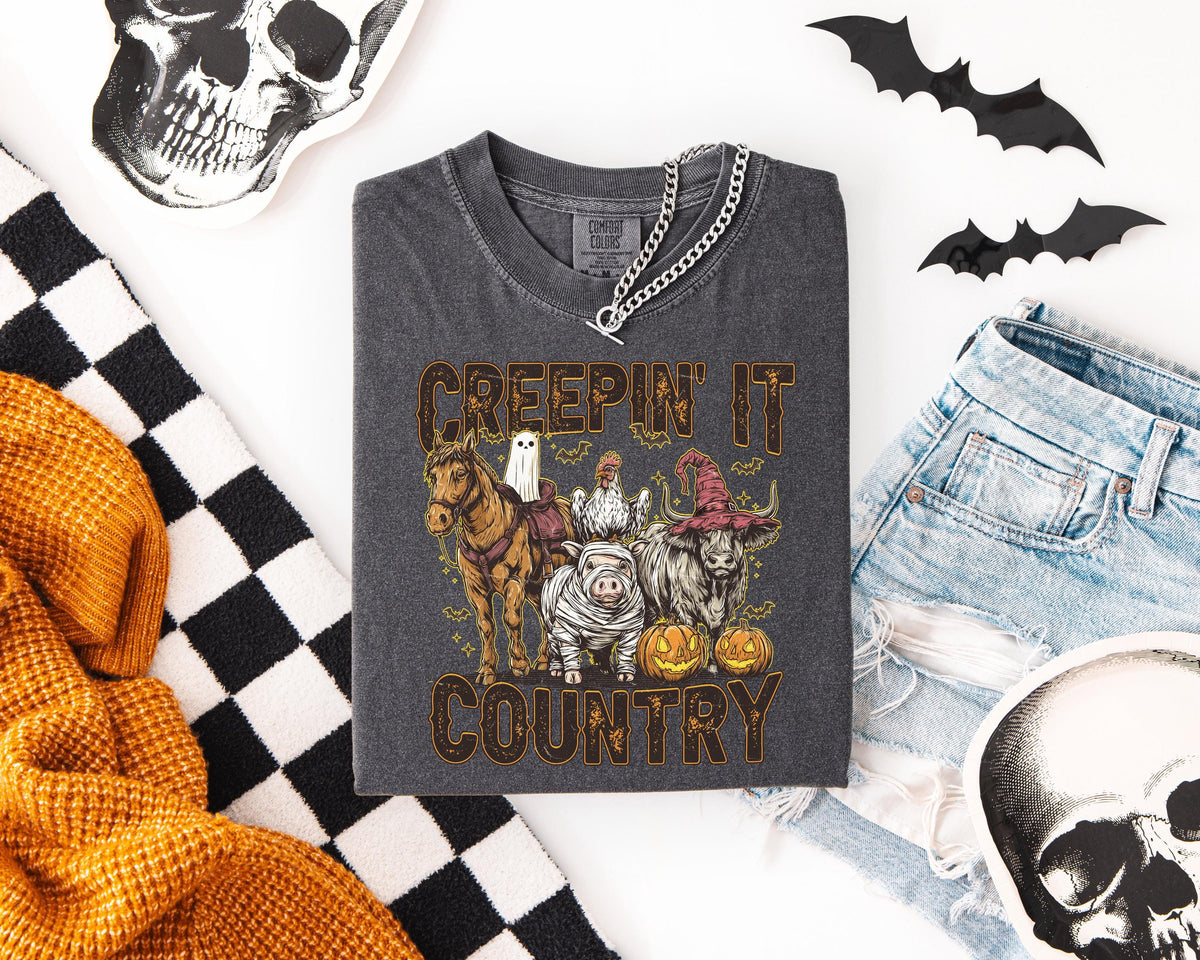Creepin' it Country Halloween Comfort Colors® Shirt, Boo Crew T-shirt, Spooky Western Tee, Spooky Vibes Gift, Boys Trip Halloween Crewneck