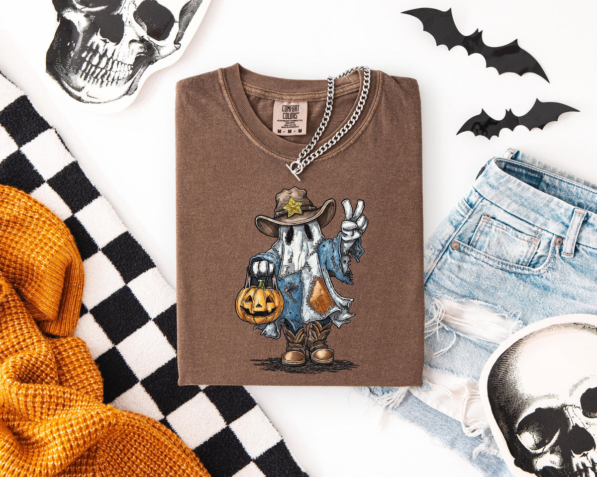 Sheriff Ghost Halloween Comfort Colors® Shirt, Boo Crew Pumpkin T-shirt, Spooky Western Tee, Spooky Vibes Gift, Boys Trip Halloween Crewneck
