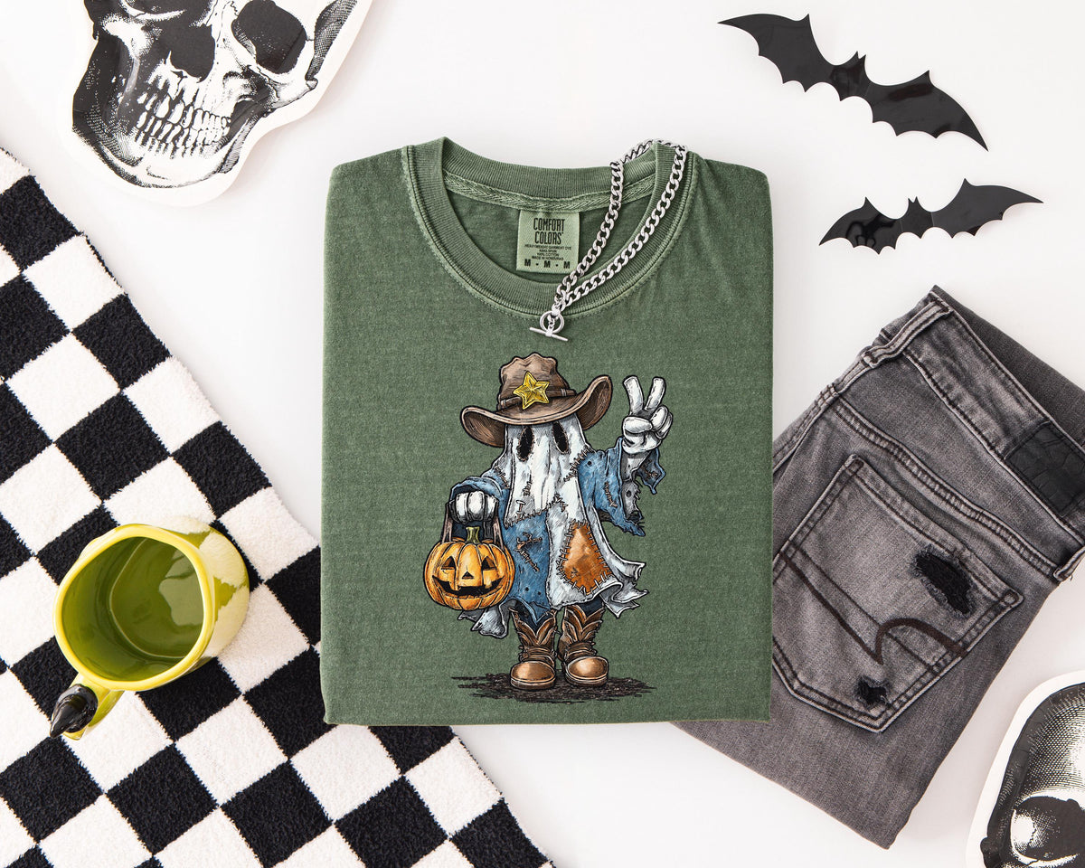 Sheriff Ghost Halloween Comfort Colors® Shirt, Boo Crew Pumpkin T-shirt, Spooky Western Tee, Spooky Vibes Gift, Boys Trip Halloween Crewneck